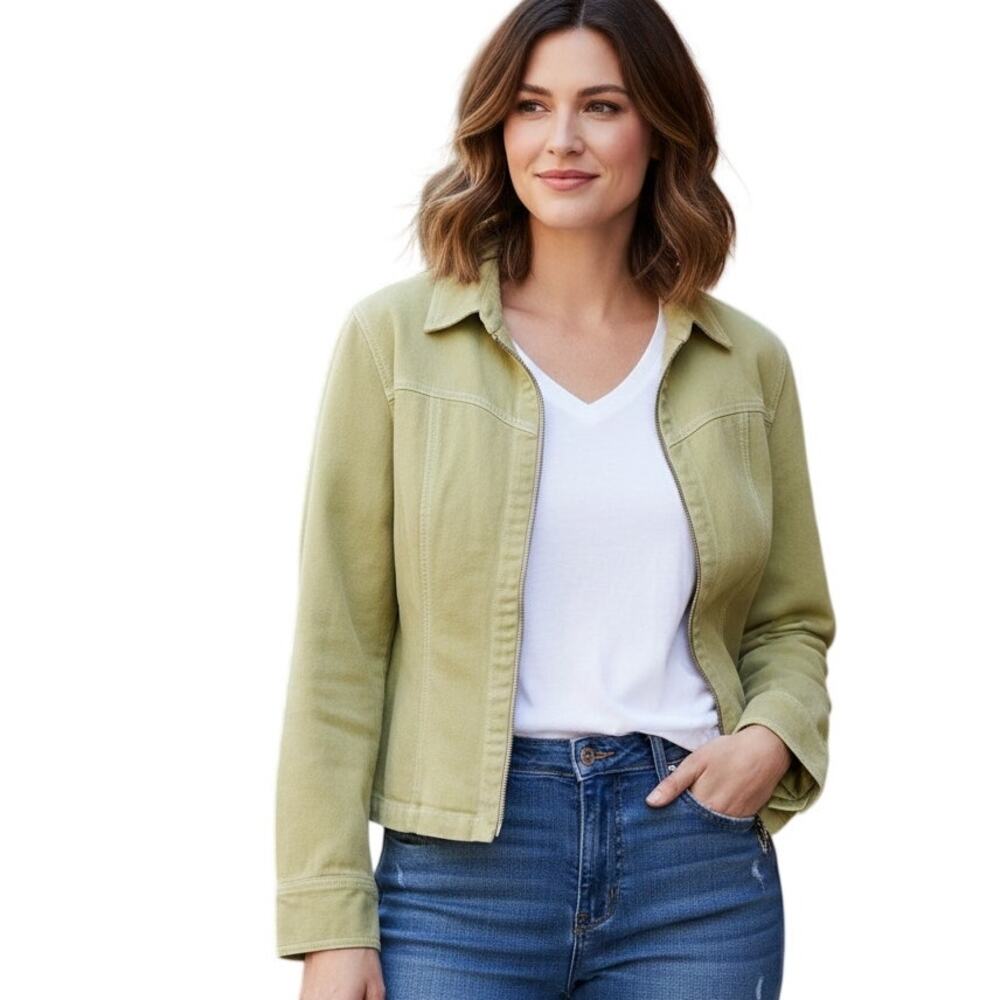 CAbi Zip Jacket Womens Medium 136 Chartreuse Green Cottton Denim Layer Topper